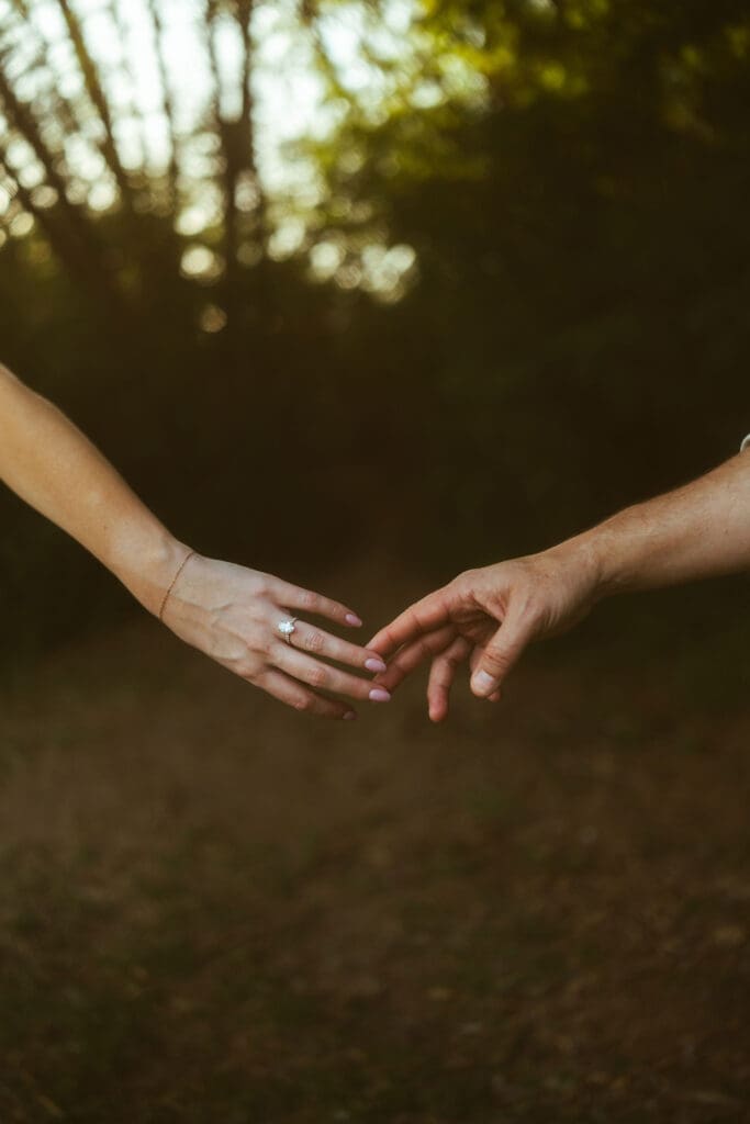 The Meadow Mesa Arizona engagement photography with lush greenery, tall trees, and golden evening sunlight
