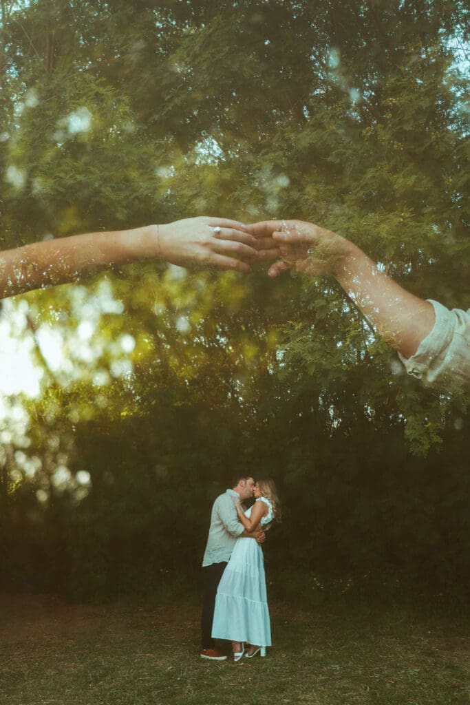 Romantic engagement portraits at The Meadow in Mesa AZ featuring soft natural light and timeless couples photography, double exposure