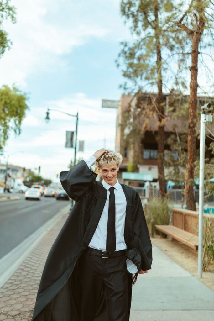 Creative senior portraits in Gilbert Arizona with downtown city and mural backgrounds