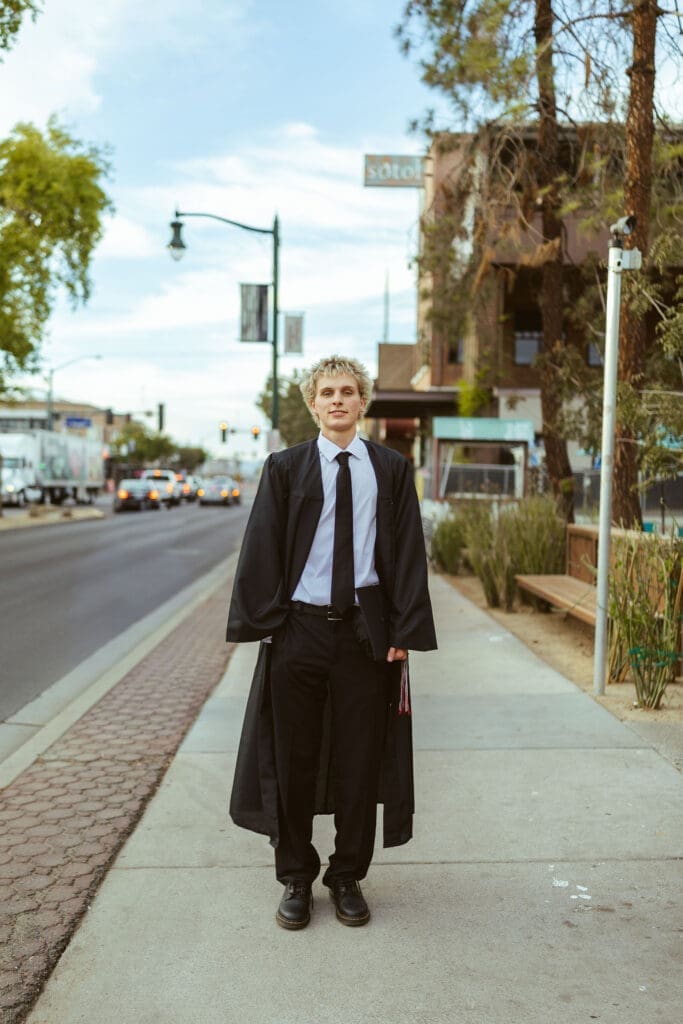 Modern senior boy photography in Downtown Gilbert with cinematic and artistic posing