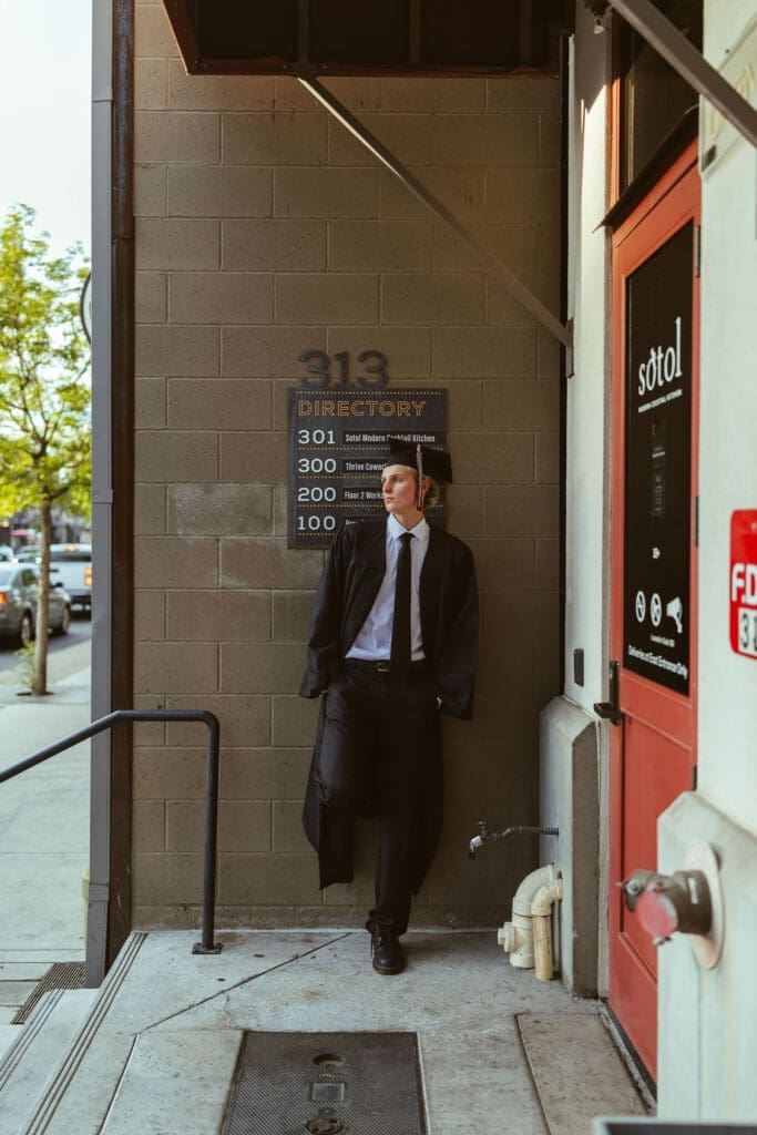 Gilbert Arizona senior portraits featuring trendy casual fashion and downtown vibes