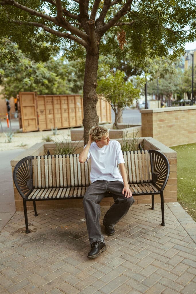 Senior pictures for guys in Arizona with relaxed downtown Gilbert portrait style