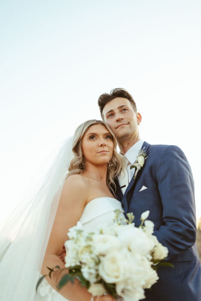 Elegant wedding portraits with bride and groom at The Paseo in Apache Junction