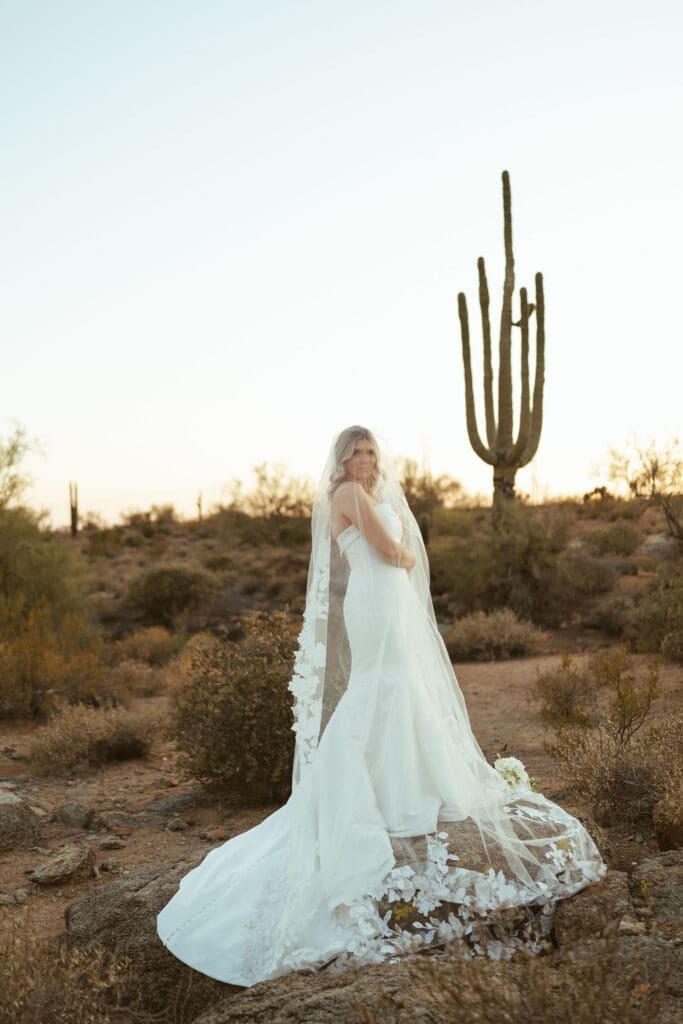 Bride and groom posing in the Arizona desert at The Paseo wedding venue in Apache Junction