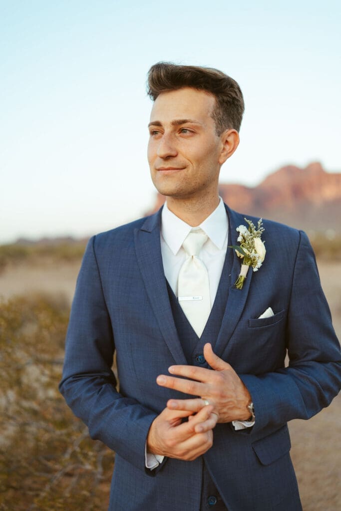 Groom portraits at The Paseo wedding venue in Apache Junction Arizona
