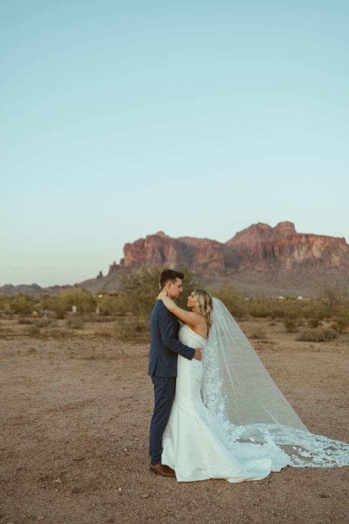Classic bride and groom wedding portraits at The Paseo in Apache Junction Arizona