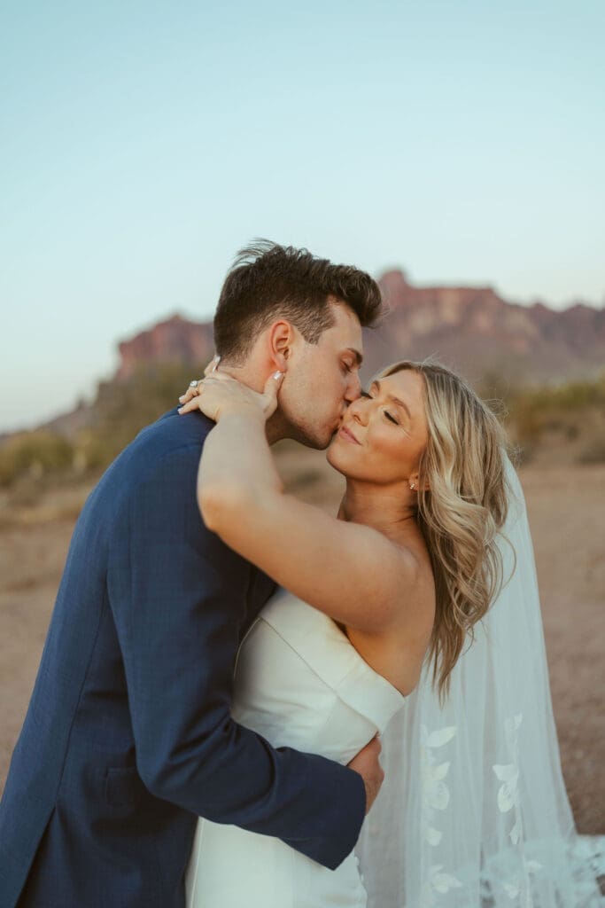 Bride and groom celebrating wedding day at The Paseo with mountain backdrop
