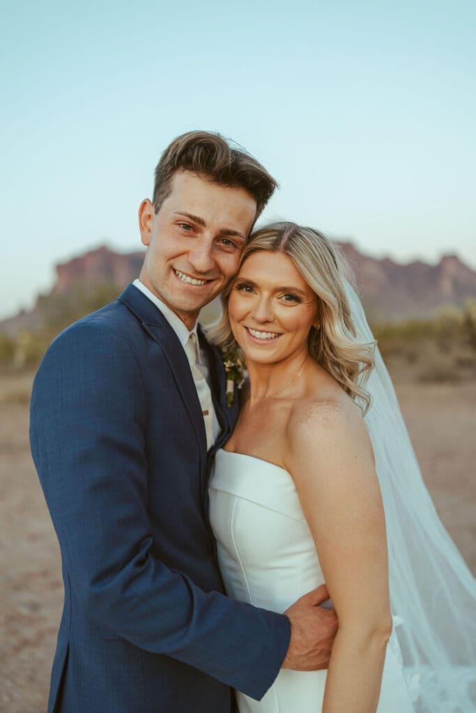 Romantic desert wedding portraits with bride and groom in Apache Junction Arizona