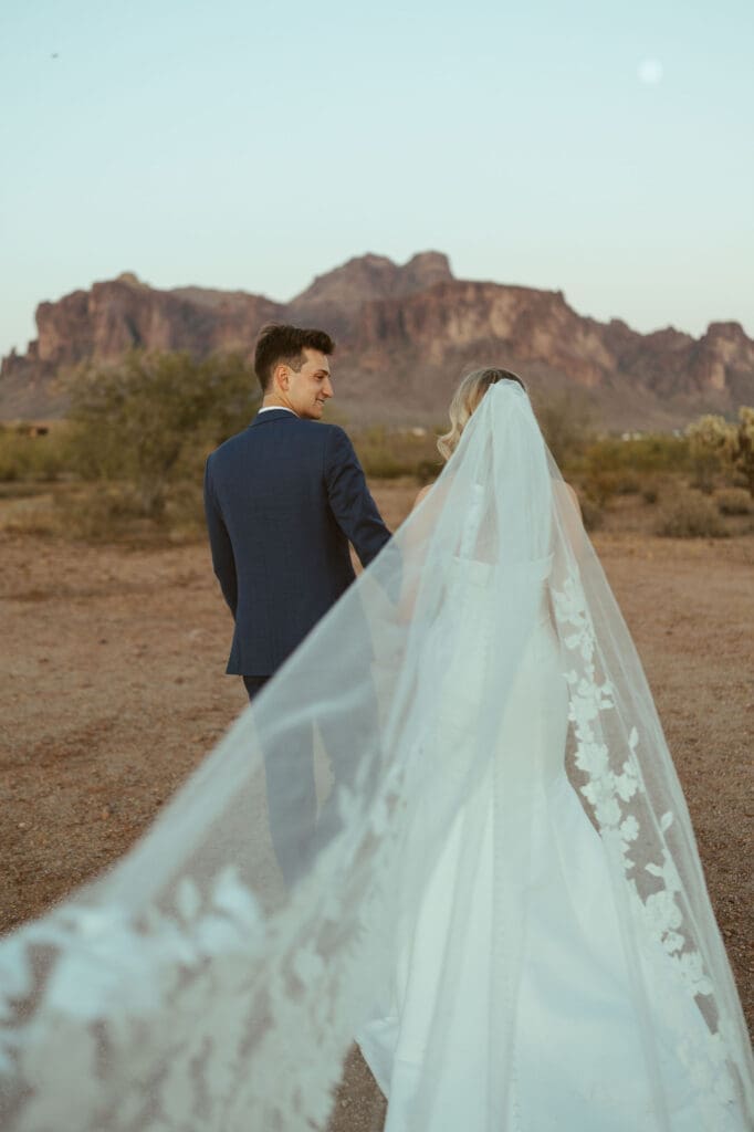 Luxury wedding portraits at The Paseo with Arizona sunset scenery