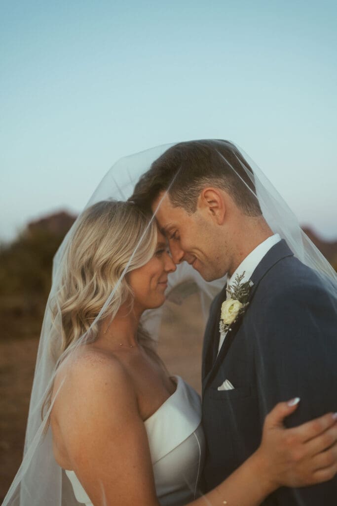 Romantic bride and groom portraits in the Arizona desert at The Paseo