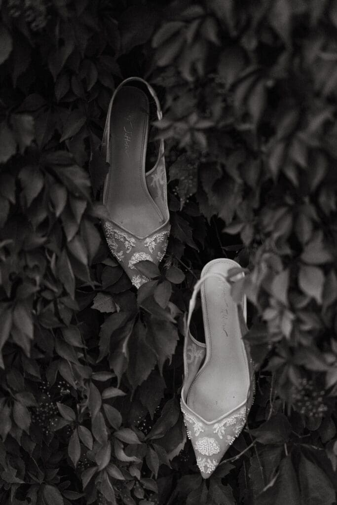 brides shoes hanging on tree at the Paseo