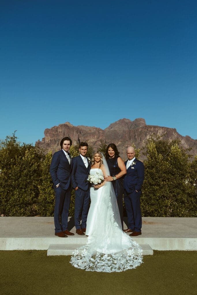 Wedding family portraits with desert mountain views in Apache Junction Arizona