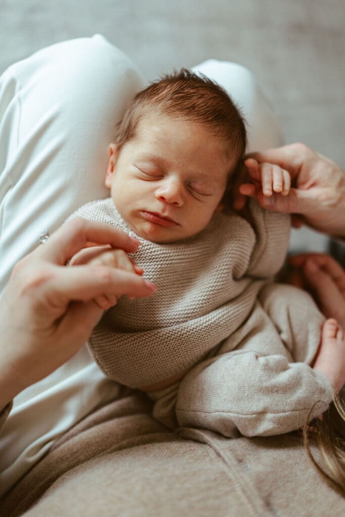 Phoenix area newborn photographer capturing close-up newborn baby portraits during relaxed lifestyle newborn photography session in Scottsdale AZ