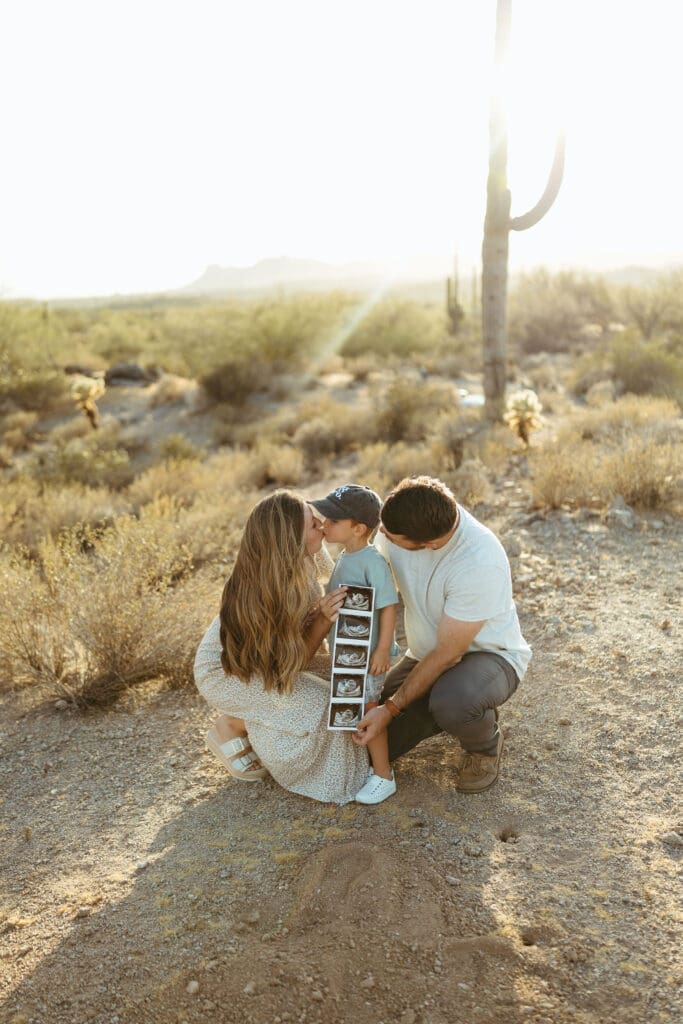 Desert family photos near Lost Dutchman State Park with golden hour light and saguaro cacti