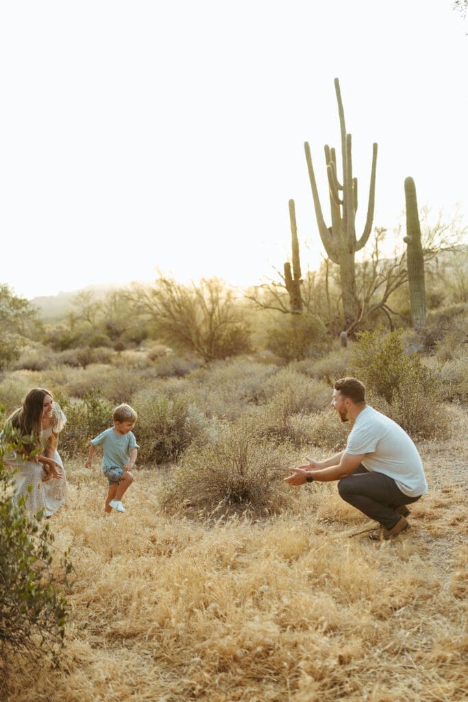 Family exploring desert trails during sunset session near Lost Dutchman State Park in Apache Junction