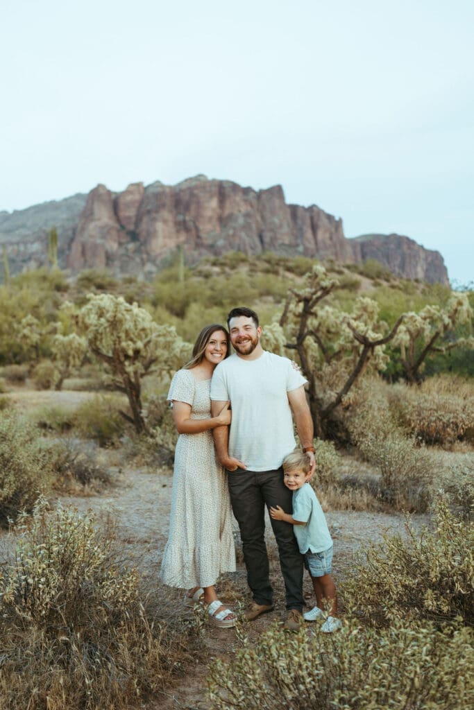 Phoenix Arizona family photography session near Lost Dutchman State Park with iconic desert cactus landscape

