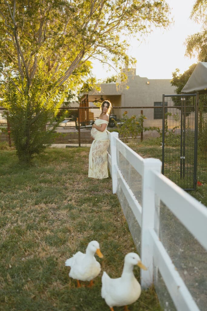 Pregnant mother standing by a white fence with ducks at Patch of Paradise AZ in Gilbert.