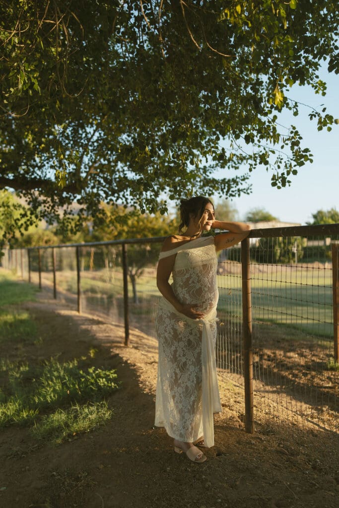 Outdoor maternity portrait beneath mature trees during a golden hour session in Gilbert, Arizona.