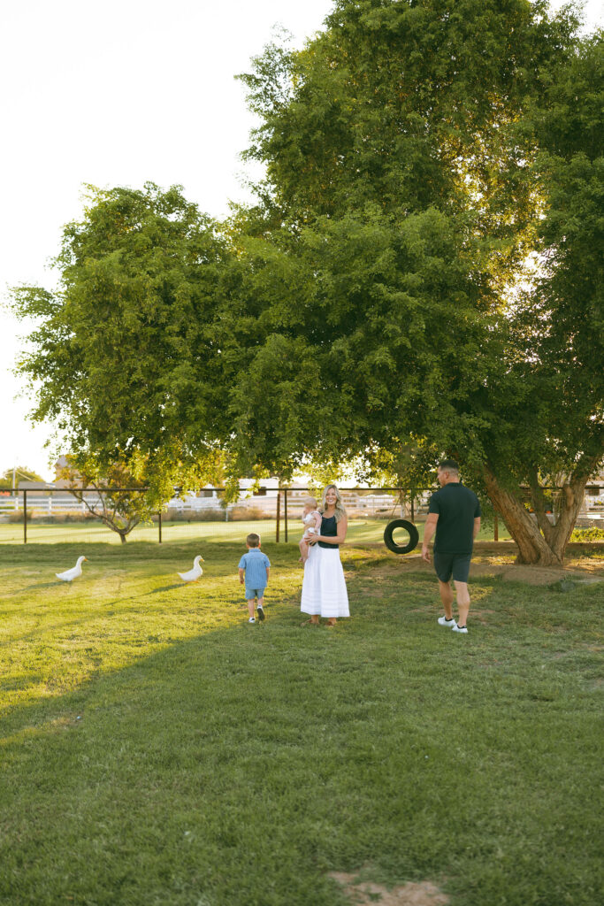 Happy family playing together on a rustic wooden seesaw during a lifestyle family photography session in Gilbert, Arizona.