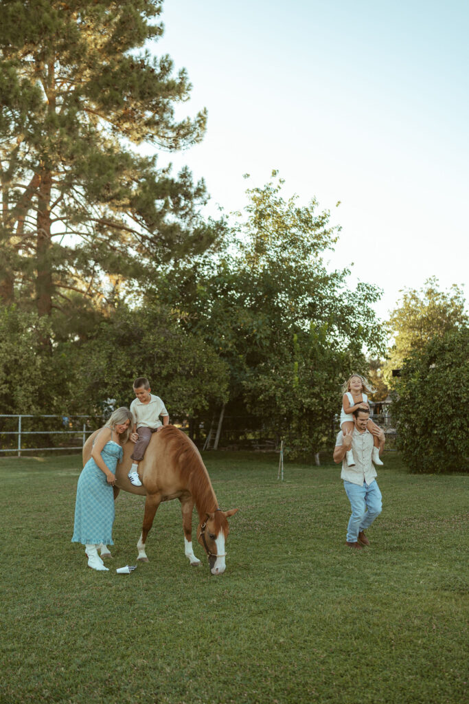 Natural maternity photos with horses documenting an expecting family sharing genuine moments while their children play around the pasture in Gilbert.