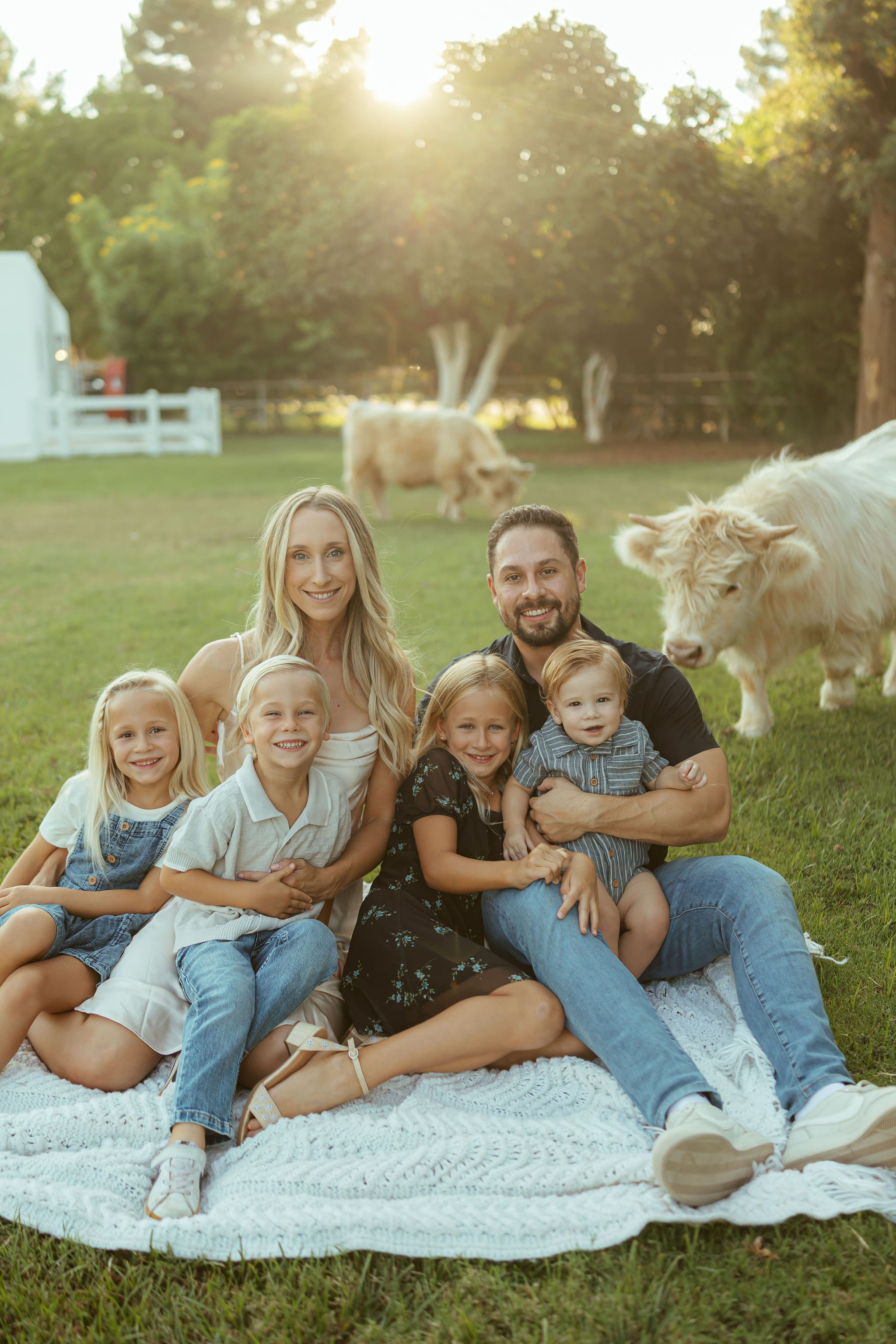 Scottsdale family photographer capturing a timeless, editorial portrait of a large family seated outdoors with Tango the Highland cow in the background.