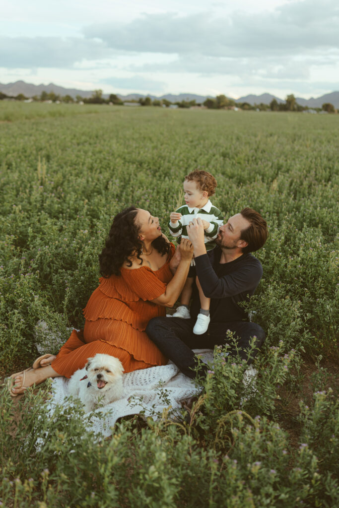 Dad holding his toddler in a green field during Queen Creek family photos
