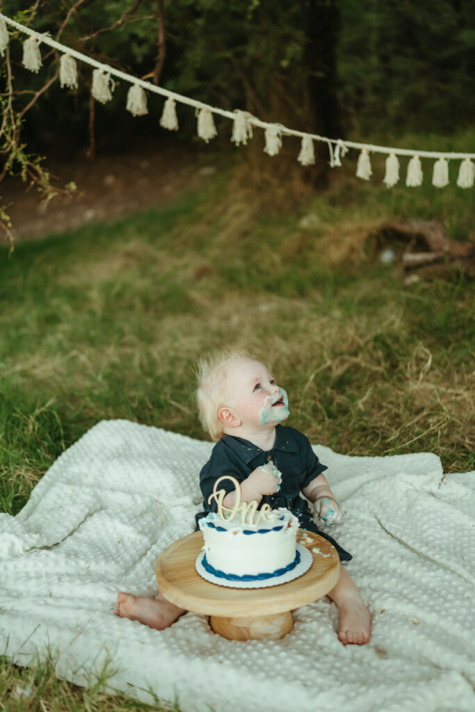 Baby boy celebrating his first birthday with a cake smash on a blanket beneath the trees at Butcher Jones near Saguaro Lake in Mesa, Arizona.